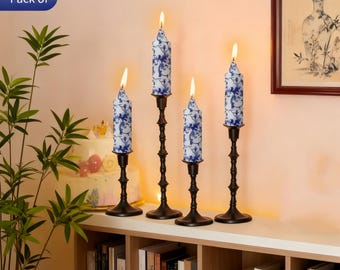 Flowers Printed Taper Candles 5 inch - 4pcs Blue and White Porcelain Candle Dripless, Unscented