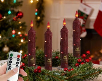 Velas LED cónicas de cera roja vintage de 6.5'' con luces de alambre de cobre, 4 unidades con control remoto