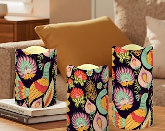 Flameless LED Candle Set of 3, Paisley Floral Pattern Candles with Remote, Flickering Battery Candles for Home, Wedding, Table Decor Gift