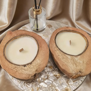 May include: Two coconut shell candles with a creamy white wax and wooden wicks sit on a decorative, round, mother-of-pearl tray. A small glass diffuser bottle with black reeds is also present. The shells have a natural, brown color.