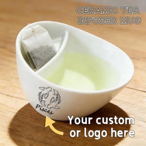 Modern Ceramic Loose Leaf Tea Cup with Built-In Leaf Separator, Personalized Text or Logo