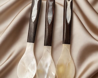 Wood Handle Seashell Spoon, Fish Shell Inlay Spoon, Coastal Tableware, Ocean Style,Kitchen Decor