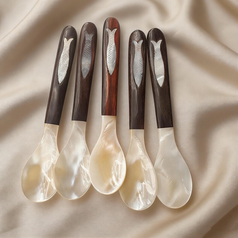 Wood Handle Seashell Spoon, Fish Shell Inlay Spoon, Coastal Tableware ...