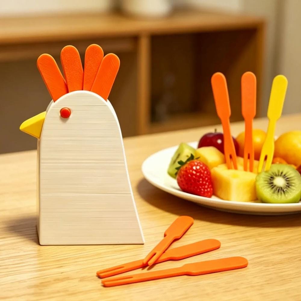 Chicken Fruit Fork Holder Set Novelty Rooster Shaped Utensil Storage Rack Fun Tabletop Snack Fork Organizer Whimsical Kitchen Counter Decor product image