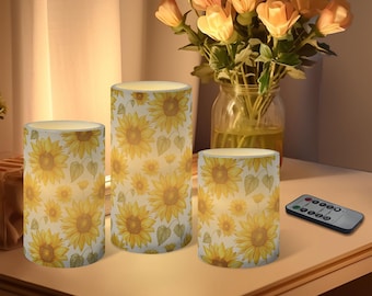 Juego de velas LED cilíndricas con diseño floral amarillo, velas sin llama con control remoto, regalo para la decoración del hogar.