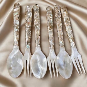 Natural Shell Spoon and Fork Set, Coastal Seafood Utensils (16cm)