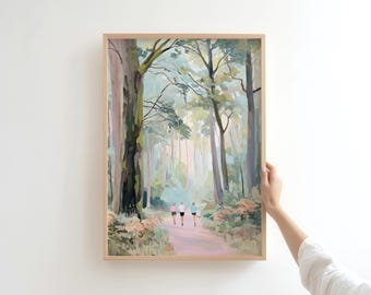 May include: A framed vertical art print depicting a forest path with three figures running away from the viewer. The scene features tall trees with muted green, brown, and soft pink tones, creating a light, airy atmosphere within the woodland setting.