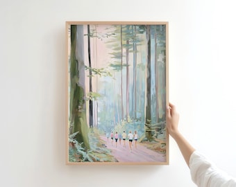 May include: A vertical rectangular art print in a light wood frame depicting a group of runners on a path through a forest with tall trees in shades of green, brown, and soft pink. The scene captures a group of people jogging along a trail.