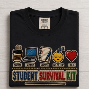 Student Survival Kit T-Shirt, Fun Patchwork-Style Print Tee, Comfort Colors College Student T-Shirt, Back-to-School Shirt Gift for Students