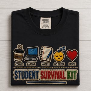 Student Survival Kit T-Shirt, Fun Patchwork-Style Print Tee, Comfort Colors College Student T-Shirt, Back-to-School Shirt Gift for Students