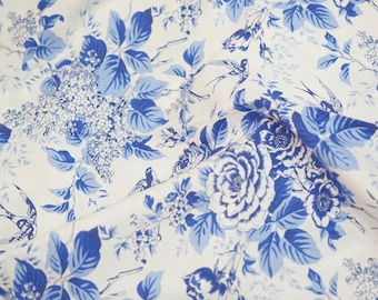 Blue Floral Bird Print Fabric: Cotton Rayon Twill, 57" Wide, By The Yard