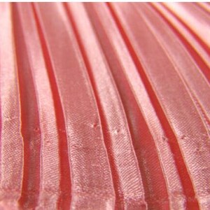 May include: Close-up of a red fabric with a pleated texture. The fabric has a subtle sheen and a slightly wrinkled appearance.