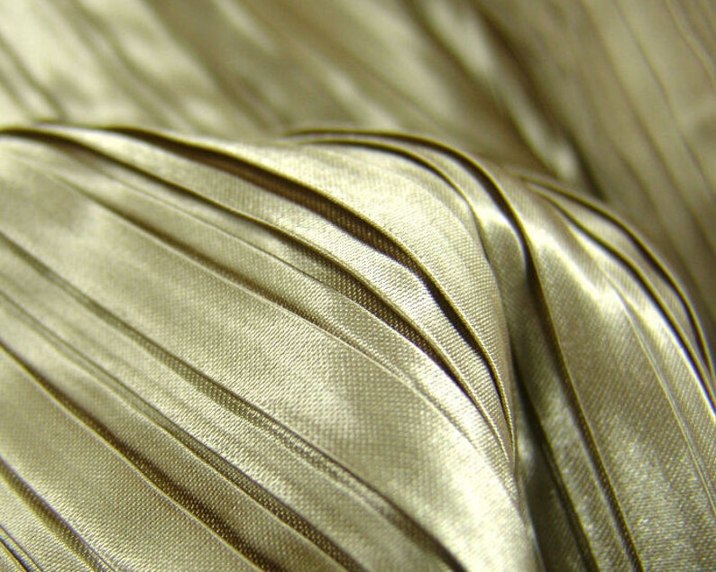 May include: Close-up of a pleated fabric with a subtle sheen. The fabric is a light beige color and has a smooth, silky texture.