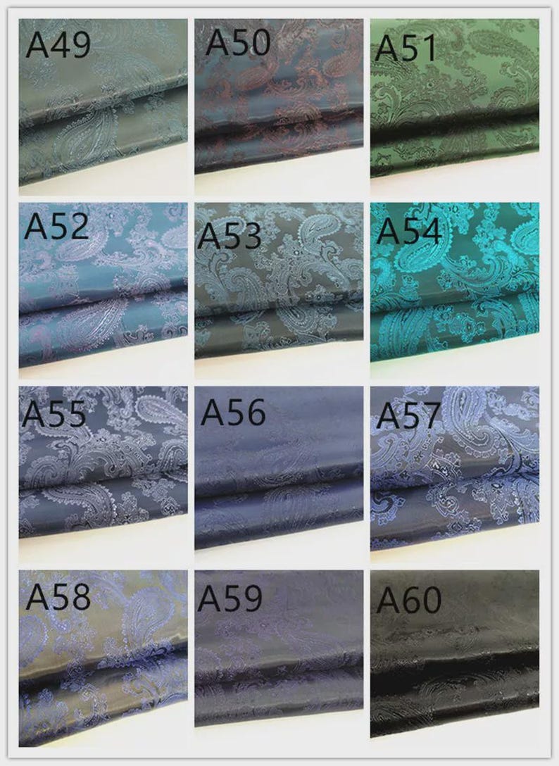 May include: A grid of fabric swatches with paisley patterns in various colors. The swatches are labeled A49 through A60. Colors include teal, brown, green, blue, and navy. The fabric has a sheen.