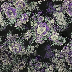 2 Colors Chinese Folk Purple Pink Peony Daisy Brocade Black Red Tapestry By the Yard