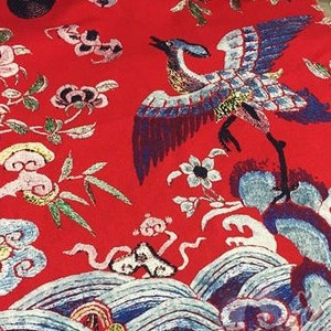 chinese vintage flying white crane seaweave flower dark blue red cotton flax fabric by yard stage cosplay decoration image 5