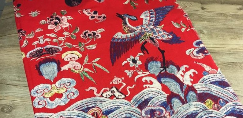 chinese vintage flying white crane seaweave flower dark blue red cotton flax fabric by yard stage cosplay decoration image 5
