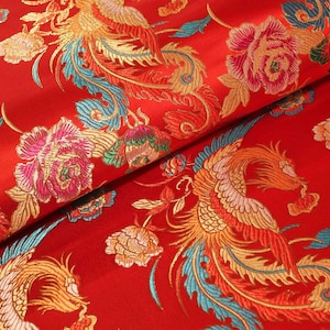 2 Colors Chinese Satin Jacquard|Retro Phoenix Peony Flower Brocade|Red Blue Black Yellow|Cheongsam|Sold By The Yard
