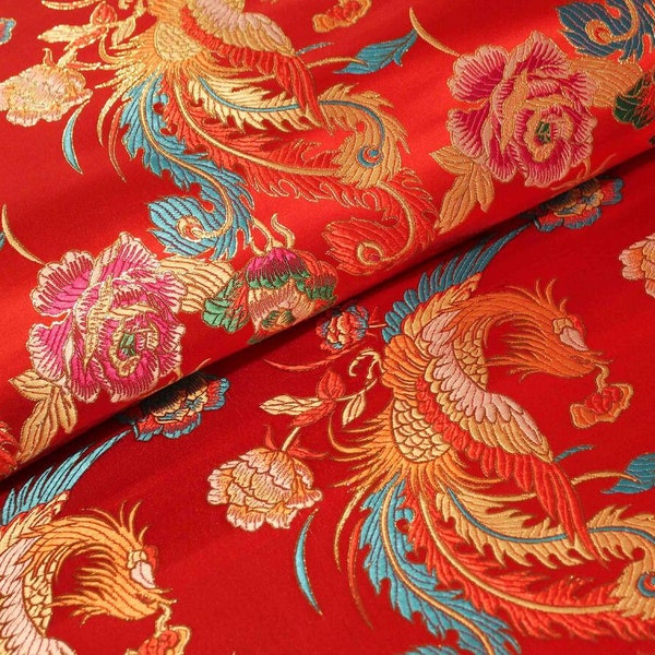 Jacquard satiné chinois 2 couleurs|brocart de fleurs de pivoine phénix rétro|rouge bleu noir jaune|cheongsam|vendu par mètre