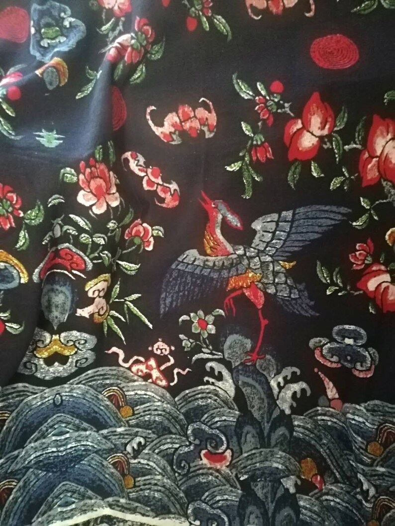 chinese vintage flying white crane seaweave flower dark blue red cotton flax fabric by yard stage cosplay decoration image 9