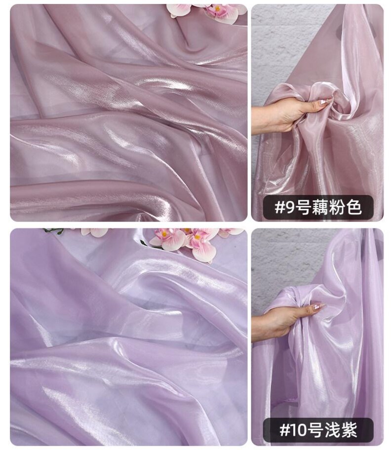 May include: Close-up of shimmering, sheer fabric in shades of lavender and pink. The fabric has a glossy finish, with light reflecting off the folds. The text in the image reads "#9" and "#10".