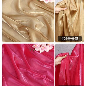 May include: Four images showcasing shimmering fabric in gold and fuchsia. The gold fabric has a subtle sheen, while the fuchsia fabric is vibrant. The fabric is draped and folded, with a close-up view of the texture. The text "#21" and "#22" are visible.