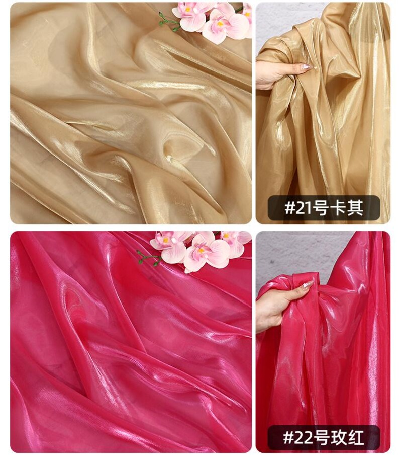 May include: Four images showcasing shimmering fabric in gold and fuchsia. The gold fabric has a subtle sheen, while the fuchsia fabric is vibrant. The fabric is draped and folded, with a close-up view of the texture. The text "#21" and "#22" are visible.