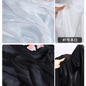 May include: Four fabric swatches in the image. Top left is a light blue sheer fabric. Top right is a white sheer fabric with the text "#1 Natural White". Bottom left is a black sheer fabric. Bottom right is a black sheer fabric with the text "#2 Black".