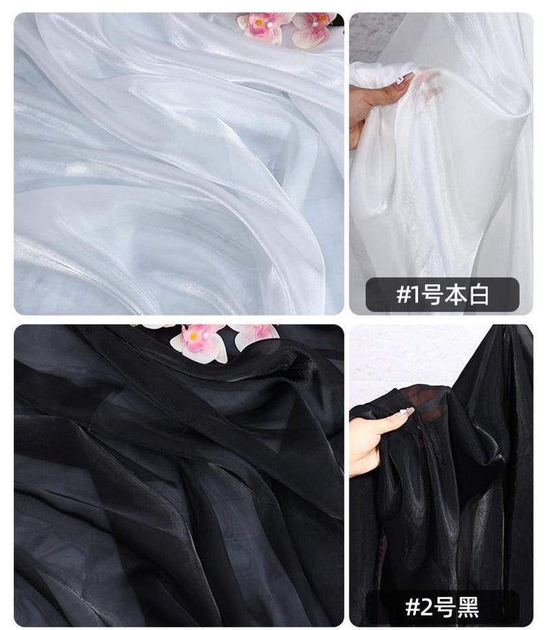 May include: Four fabric swatches in the image. Top left is a light blue sheer fabric. Top right is a white sheer fabric with the text "#1 Natural White". Bottom left is a black sheer fabric. Bottom right is a black sheer fabric with the text "#2 Black".