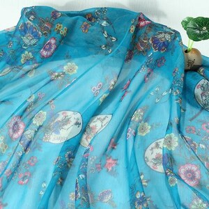 Chinese Vintage architecture landscape painting Plum Flower Sheer Chiffon Fabric: Butterfly Bird Print, 59" Wide Light Weight p9