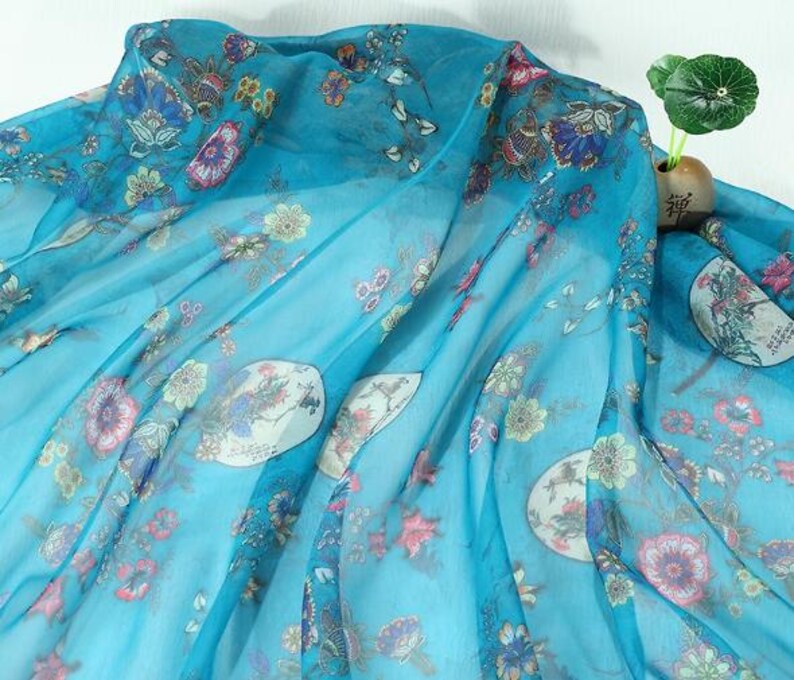 Chinese Vintage architecture landscape painting Plum Flower Sheer Chiffon Fabric: Butterfly Bird Print, 59" Wide Light Weight p9