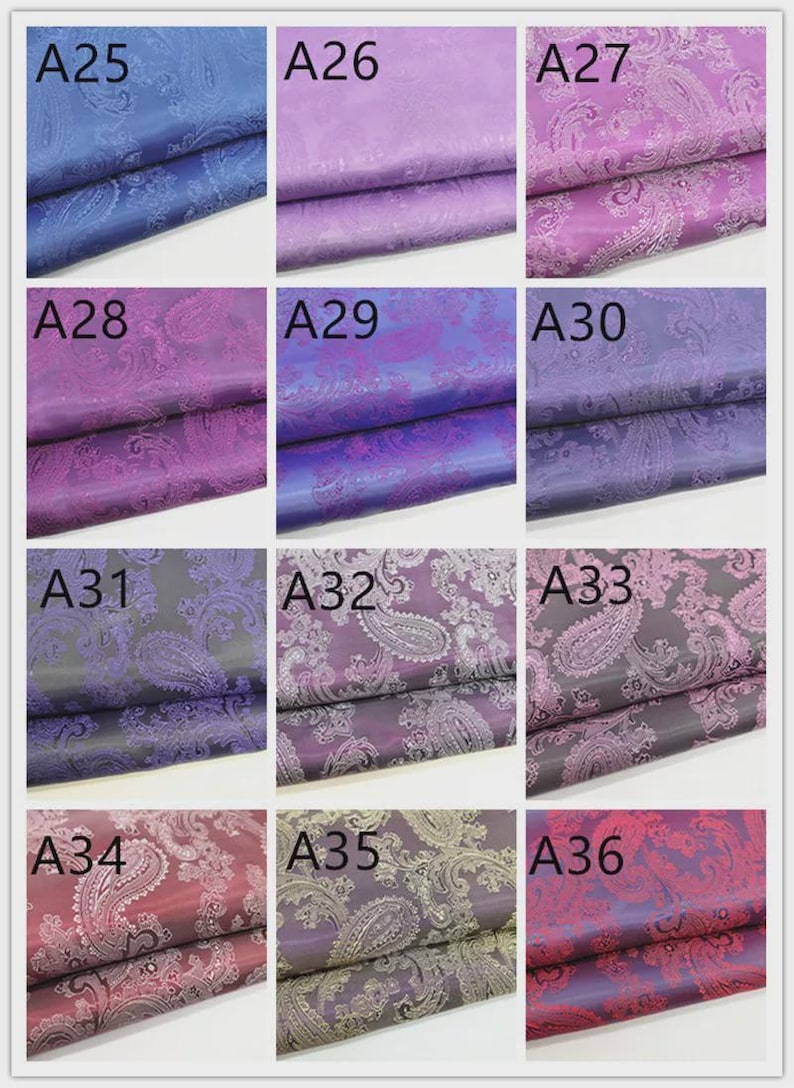 May include: A collection of nine fabric swatches, each showcasing a different color and paisley pattern. Colors range from blues and purples to burgundy and gray. Each swatch is labeled with a letter and number combination.