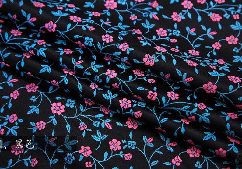 Red & Black Feather Floral - Faux Silk Brocade Fabric