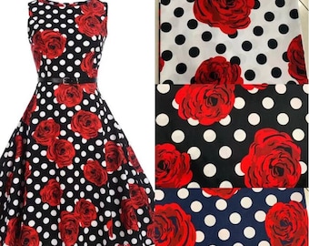 Französischer Vintage Stil Kleiderstoff|Baumwollstoff Rot Rosen gepunktet|Weiß Blau Schwarzer Stoff Meterware