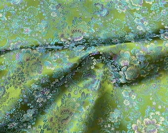 Floral Brocade Fabric: Asian Upholstery Sewing Cloth - Yellow, Red, Purple