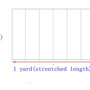 May include: Diagram comparing the stretched length of fabric to the final length after shrinkage. The fabric is 1 yard long and 59 inches wide. The final length is about 50% shorter than the stretched length.