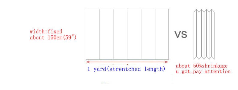 May include: Diagram comparing the stretched length of fabric to the final length after shrinkage. The fabric is 1 yard long and 59 inches wide. The final length is about 50% shorter than the stretched length.