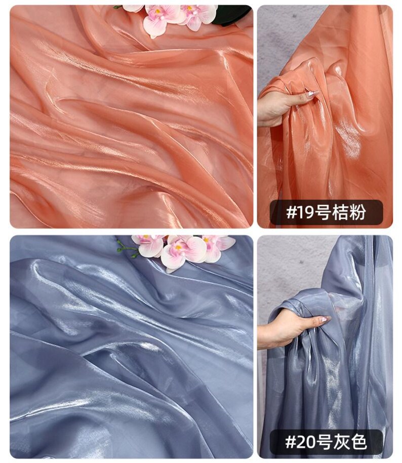 May include: Close-up shots of shimmering fabric in two colors. One is a soft peach, the other a muted blue-gray. The peach fabric is labeled "#19", and the blue-gray is labeled "#20". Both fabrics have a glossy sheen, and are draped to show their texture.