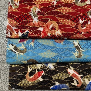 Janpanese Koi Fish Cotton Fabric,Golden Stamped Cotton Fabric,Fabric By The Yard,Kimono Bath Wear Fabric,Red Black Blue Fabric