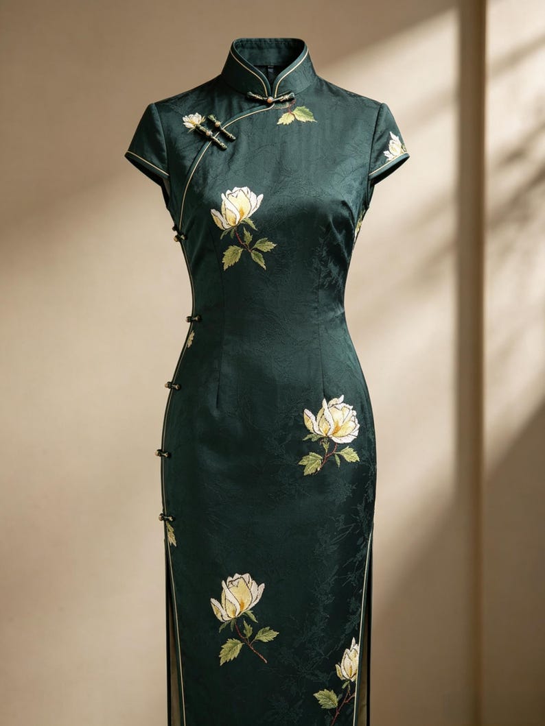 Tessuto jacquard in Tencel di seta, verde scuro vintage, con ricami di rose in stile Zen, largo 59 pollici (149 cm), ideale per cucito, tappezzeria e borse. Venduto a 0,5 iarde (140 cm circa). immagine 1