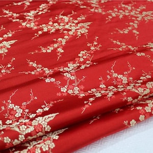 Gekleurde Chinese vintage jacquard, pruimenbloesembrokaat, rood zwart grijs blauw tapijtsatijn, brokaatstof