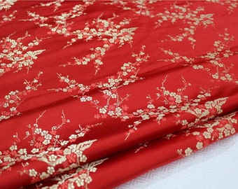 Red Plum Blossom Brocade Fabric: Chinese Jacquard Tapestry Satin