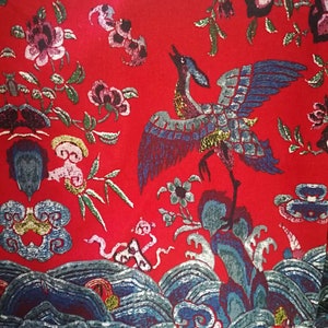chinese vintage flying white crane seaweave flower dark blue red cotton flax fabric by yard stage cosplay decoration image 3