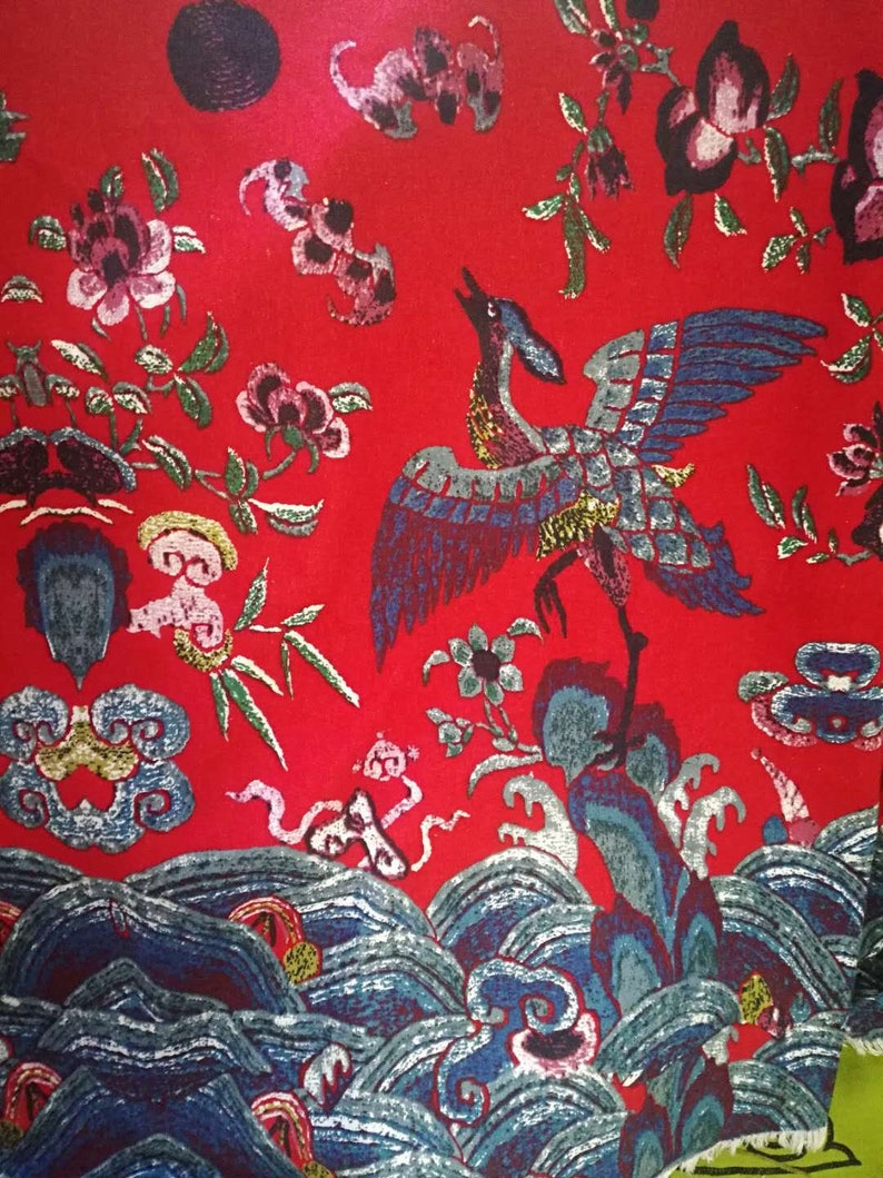 chinese vintage flying white crane seaweave flower dark blue red cotton flax fabric by yard stage cosplay decoration image 3