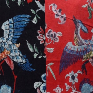 chinese vintage flying white crane seaweave flower dark blue red cotton flax fabric by yard stage cosplay decoration image 1