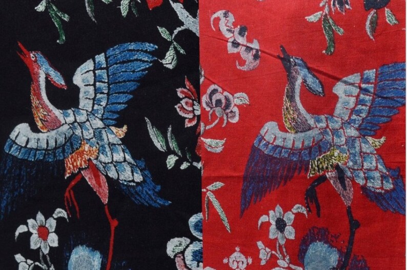 chinese vintage flying white crane seaweave flower dark blue red cotton flax fabric by yard stage cosplay decoration image 1