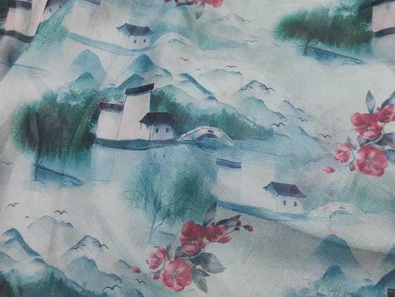 Chinese Vintage architecture landscape painting Plum Flower Sheer Chiffon Fabric: Butterfly Bird Print, 59" Wide Light Weight