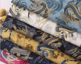 Japanese Dragon Cloud Cotton Fabric,Golden Stamped Cotton ,Blue Red Black Kimono Fabric,Sold By 0.5 Yard,59"in Width