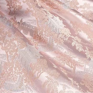 Chinese Landscape Jacquard Brocade Fabric: Tree Bridge Design - Sold by the Yard