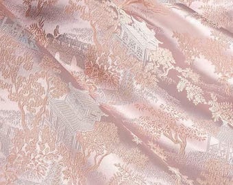 Chinese Landscape Jacquard Brocade Fabric: Tree Bridge Design - Sold by the Yard